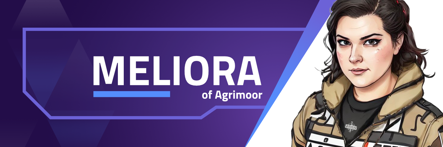 A stylized banner image which has the text "Meliora of Agrimoor" aligned left of an artistic portrait.